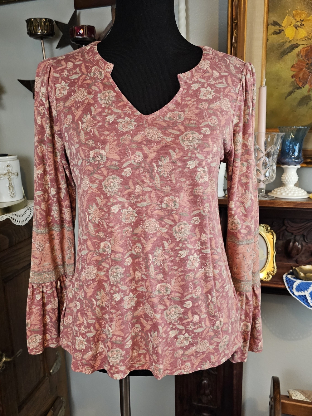 Lucky Brand Floral Peasant Top Bell Sleeve Notch Neck Boho Small